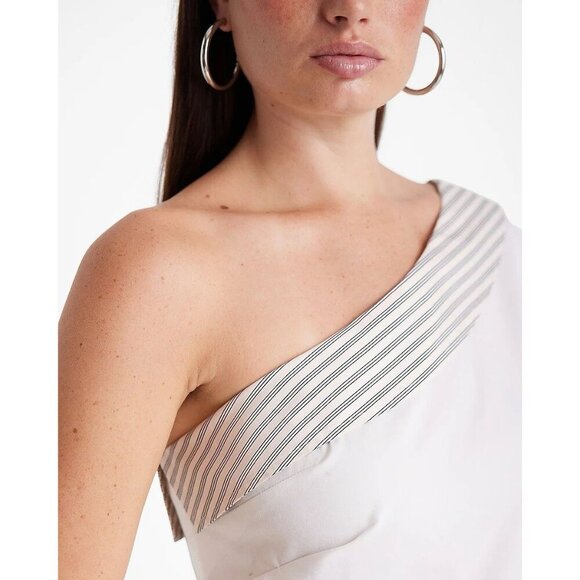 Express Women's Poplin Striped Collar One Shoulder Draped Top Size XL - NWT $68 - Picture 2 of 16